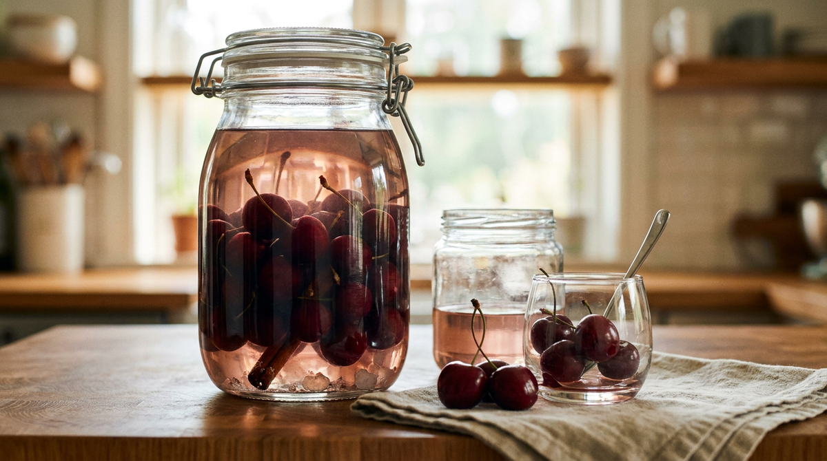 Grand bocal à joint de cerises à l'eau-de-vie avec leurs queues, plongées dans une eau-de-vie claire à peine rosée, bâton de cannelle, petit bocal entamé et coupe de cerises à la cuillère, cerises fraîches, plan de travail en chêne