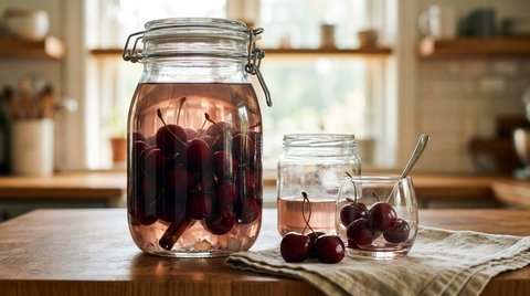 Grand bocal à joint de cerises à l'eau-de-vie avec leurs queues, plongées dans une eau-de-vie claire à peine rosée, bâton de cannelle, petit bocal entamé et coupe de cerises à la cuillère, cerises fraîches, plan de travail en chêne