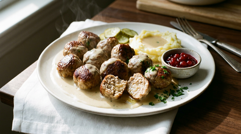 Boulettes suédoises dorées dans leur sauce crémeuse, purée de pommes de terre, airelles et cornichons au vinaigre
