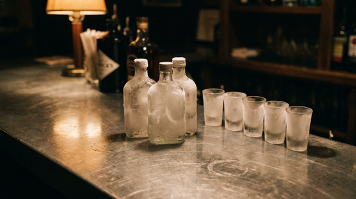 Trois petites bouteilles givrées sorties du congélateur et une rangée de verres à shooter givrés alignés, comptoir de zinc brossé, lumière chaude et basse de bar