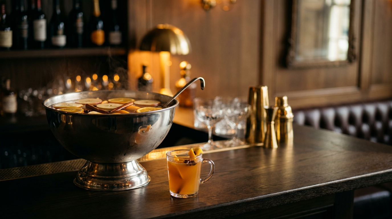 Grand bol à punch en argent rempli d'un punch chaud ambré aux tranches de pomme et d'orange, louche posée et mug servi devant, sur un comptoir de chêne fumé