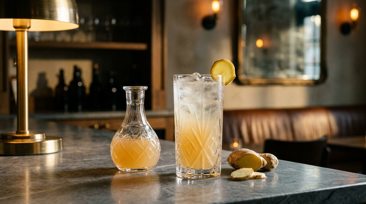 Sirop de gingembre maison en flacon et allongé dans un verre, rhizome de gingembre, comptoir de pierre à savon