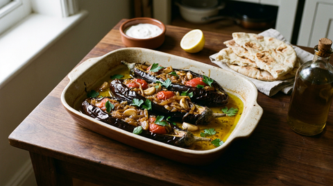 Imam bayildi dans un plat en terre, trois aubergines fendues et affaissées à la peau brillante presque noire, garnies d'oignons fondus, d'ail et de tomate, huile d'olive dorée au fond, persil plat, bol de yaourt, citron et pain plat
