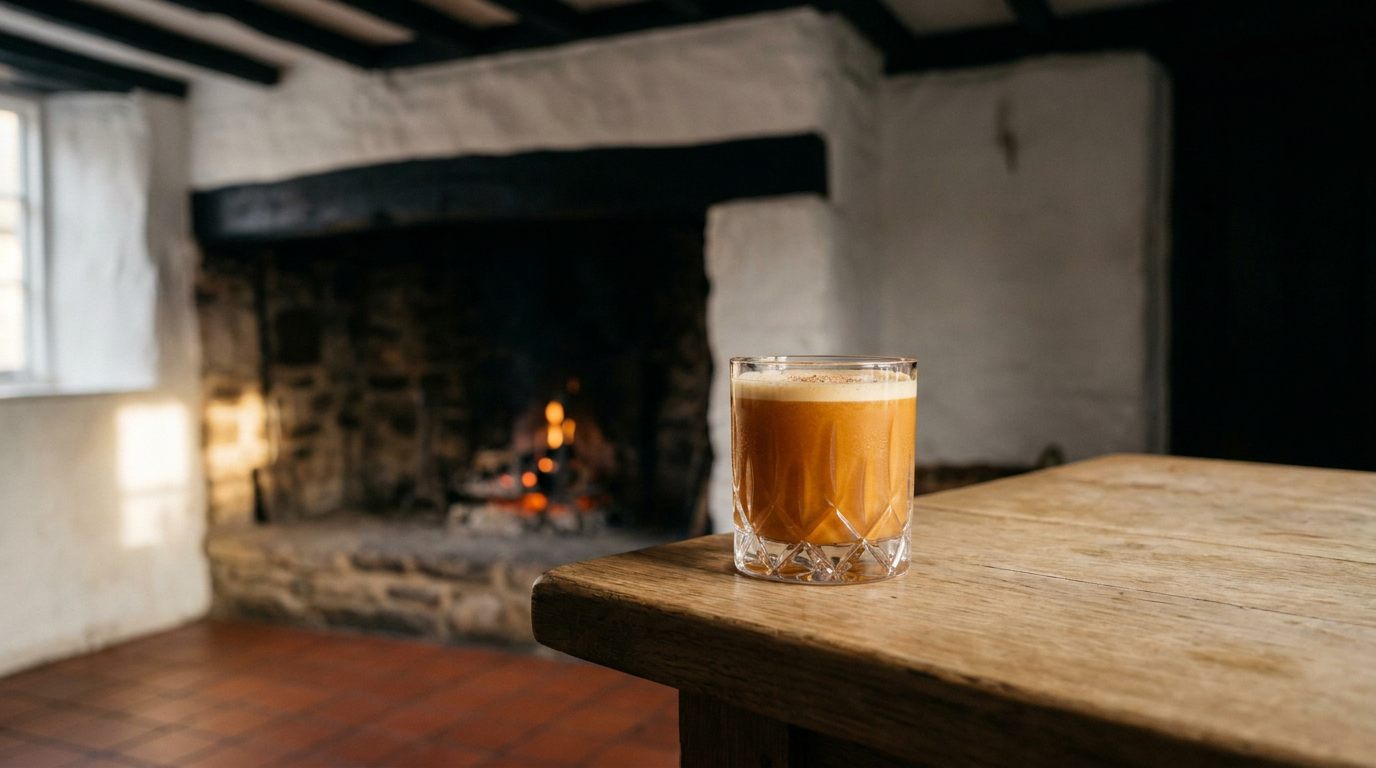 Cocktail potiron épicé au rhum vieux en verre bas de cristal, robe orange brûlé opaque, col de mousse, sur la table d'orme d'une auberge de campagne devant la cheminée de pierre