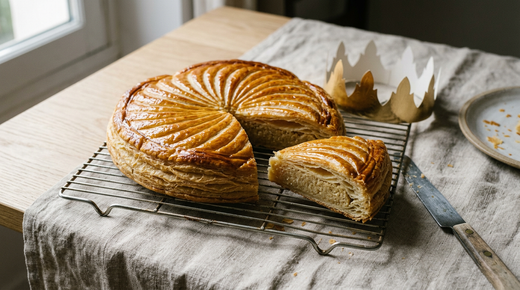 Galette des rois à la frangipane dorée et bien gonflée sur une grille, décor en rosace rayé au couteau, une part coupée montrant les couches du feuilletage et la crème d'amande