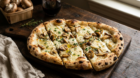 Pinsa blanche aux champignons ovale sur une planche en bois, champignons de Paris et pleurotes sautés dorés, taleggio fondu en nappes, thym frais, huile de truffe, bords soufflés et tachés, table de famille d'automne, lumière basse