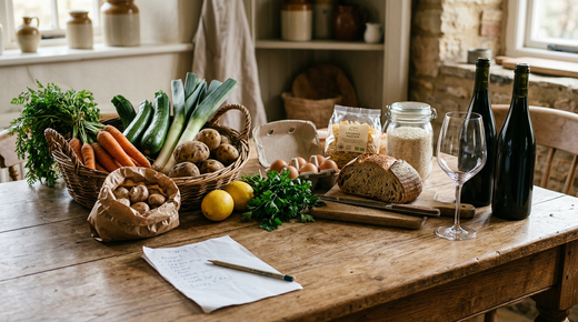 Les courses d'une semaine sur une table de cuisine en bois : panier de légumes, œufs, pain, pâtes, riz, liste manuscrite et deux bouteilles de vin