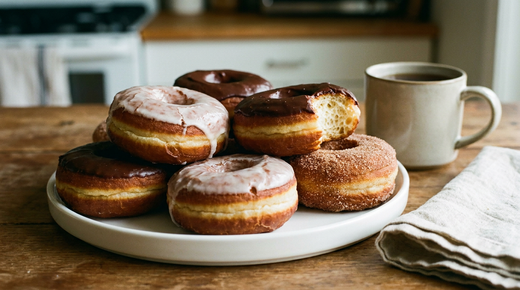 Six donuts maison en anneaux, frits dorés avec la bande pâle au milieu, deux au glaçage blanc craquelé, deux au chocolat, un au sucre cannelle, un déchiré montrant la mie aérée, tasse de thé en grès, table en bois