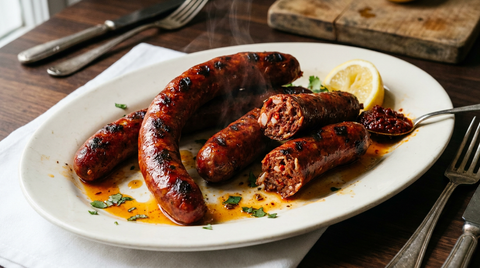 Merguez grillées rouge brique marquées par le gril, deux fendues montrant un hachage grossier piqueté de gras blanc, harissa et citron