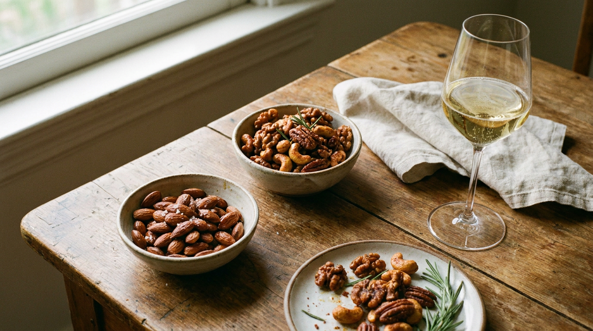 Bol d'amandes grillées au sel et bol de noix épicées caramélisées au paprika et au romarin, table de bois, verre de crémant