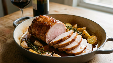 Rôti de porc doré tranché en éventail, chair légèrement rosée et juteuse, jus brun, ail en chemise et pommes de terre