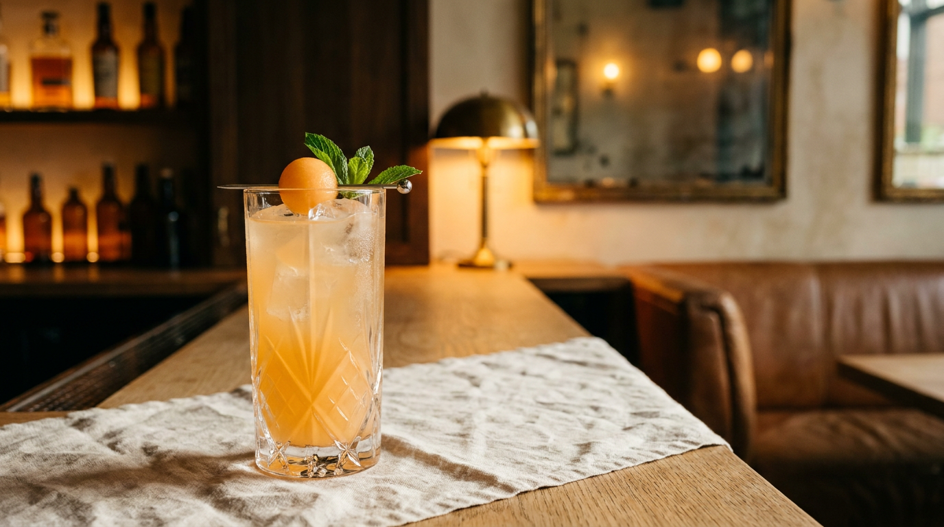 Agua de melon dans un grand verre, bille de melon et feuille de menthe, chemin de lin écru sur bois clair