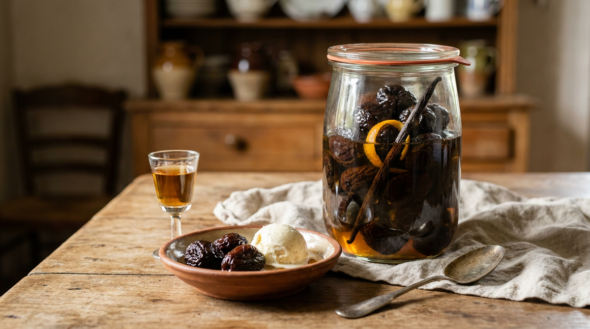 Grand bocal en verre de pruneaux d'Agen luisants et fripés dans un sirop ambré à l'armagnac, quelques pruneaux dans une coupelle avec une boule de glace vanille, cuillère ancienne, table de bois patiné, lumière chaude
