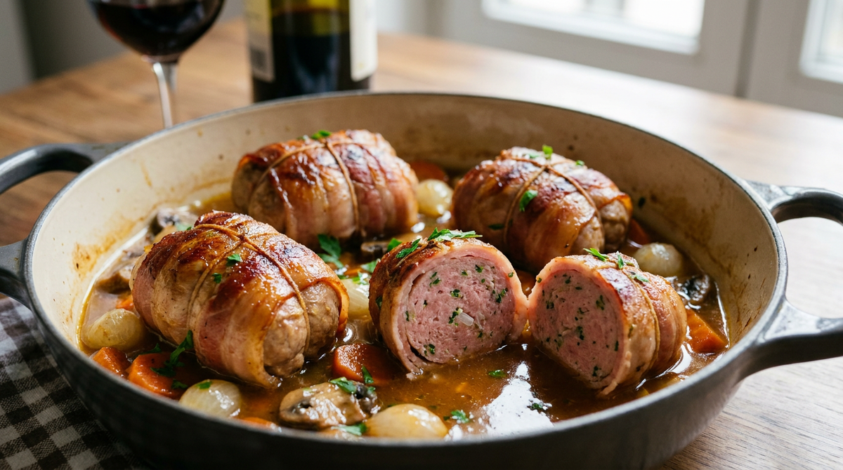 Paupiettes de veau bardées et ficelées dans une cocotte, l'une coupée montrant la farce, jus brun aux champignons et petits oignons