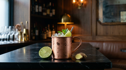 Virgin Moscow Mule servi en timbale de cuivre givrée sur un comptoir de marbre noir