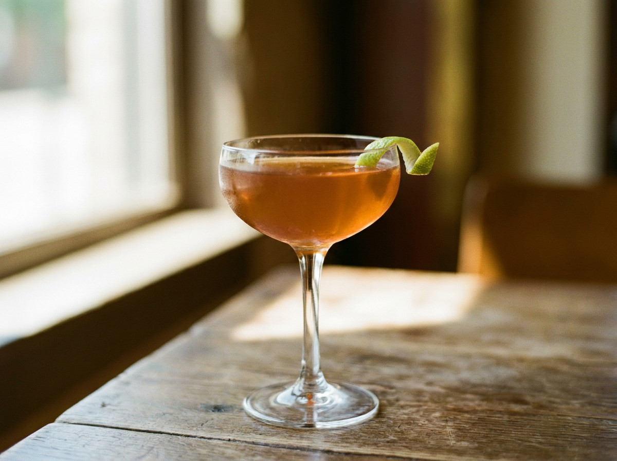 Cocktail Pegu Club ambré dans une coupe, zeste de citron vert, lumière naturelle