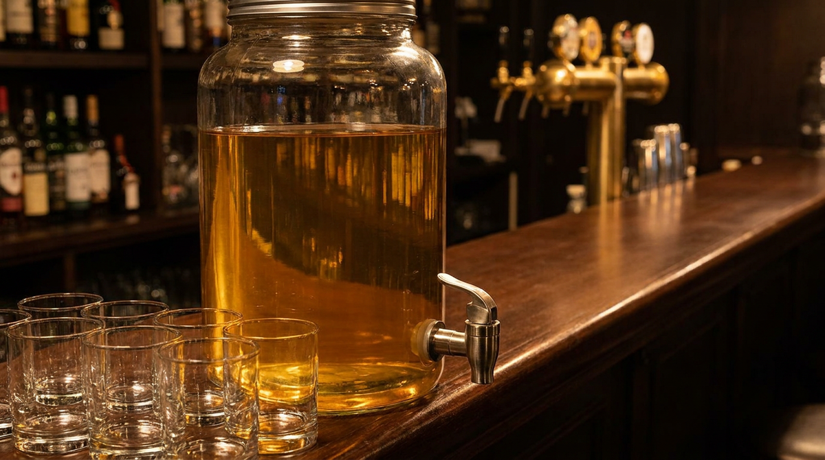 Fontaine à boisson en verre avec robinet, remplie d'un liquide ambré limpide sans morceaux, verres alignés devant, comptoir de bois ciré sombre, lumière chaude de soirée