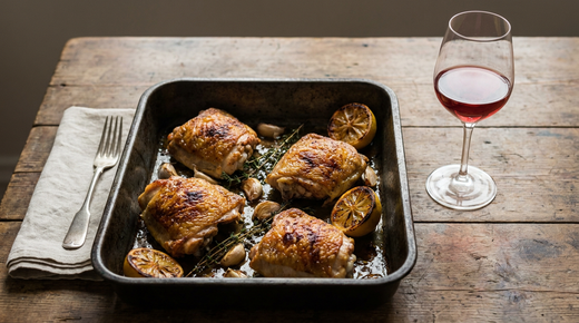 Cuisses de poulet rôties à la peau craquante, ail en chemise, pommes de terre, verre de vin rouge