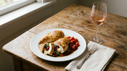Blanc de poulet farci à la mozzarella coupé en deux, tomates cerises rôties, verre de vin rosé