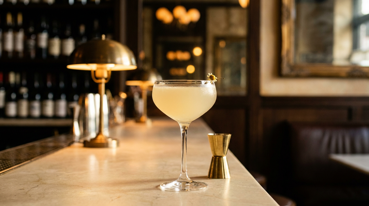 Ve.n.to, cocktail jaune pâle légèrement trouble dans une coupe à pied, fleur de camomille séchée posée sur le bord, comptoir de calcaire crème, bar chic flou et lampe de laiton