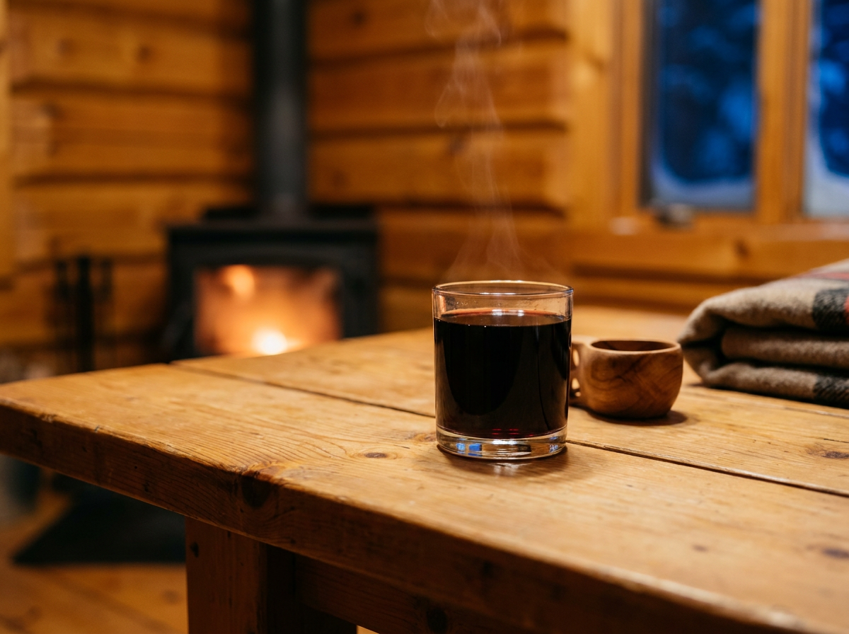 Caribou québécois dans un verre bas, robe rouge très sombre et fine vapeur, sur la table de pin d'un chalet en rondins, poêle à bois allumé et fenêtre givrée au fond