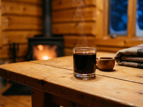 Caribou québécois dans un verre bas, robe rouge très sombre et fine vapeur, sur la table de pin d'un chalet en rondins, poêle à bois allumé et fenêtre givrée au fond