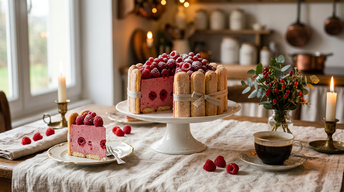 Charlotte aux fruits rouges démoulée sur un plat à pied, couronne de biscuits à la cuillère nouée d'un ruban, framboises sur le dessus, une part montrant la mousse bavaroise rose bien ferme