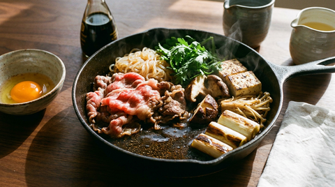Sukiyaki japonais dans une poêle en fonte, sauce sombre peu profonde au fond, bœuf tranché fin, poireau grillé, tofu et jaune d'œuf cru