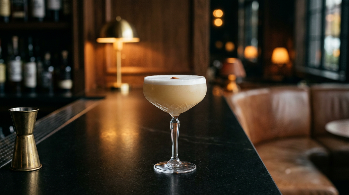 Illegal cocktail au mezcal, mousse dense beige sur le verre, coupe à pied posée sur un comptoir de pierre volcanique noire, bar chic flou et lampe de laiton