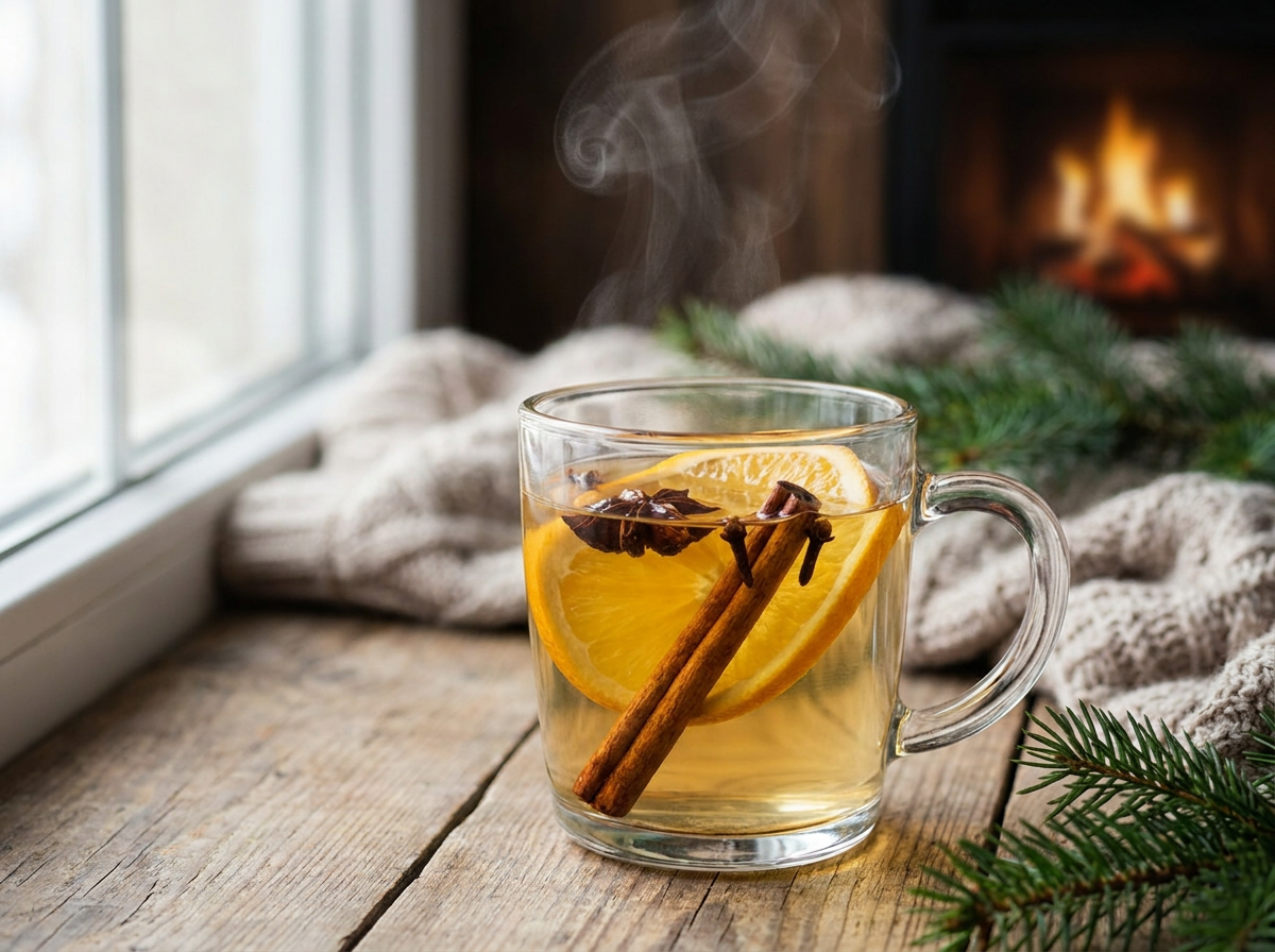 Vin chaud blanc fumant dans une tasse en verre, rondelles d'orange, cannelle et badiane