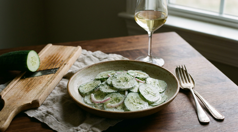Salade de concombre à la crème aigre et à l'aneth, rondelles translucides, oignon rouge, verre de vin blanc