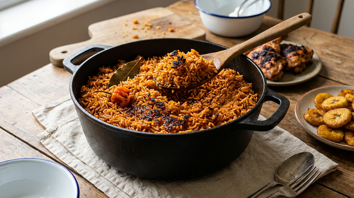 Riz jollof ouest-africain dans une cocotte en fonte noire, grains orange détachés, croûte brune caramélisée sur le bord, cuillère en bois, poulet grillé et bananes plantains frites à côté