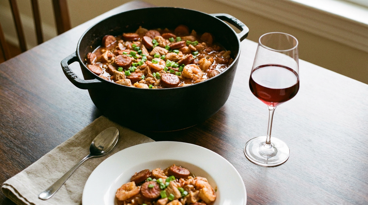 Cocotte en fonte de jambalaya, riz brun-rouge à la tomate et aux épices avec rondelles de saucisse fumée, poulet et crevettes, oignon vert, assiette servie, verre de vin rouge