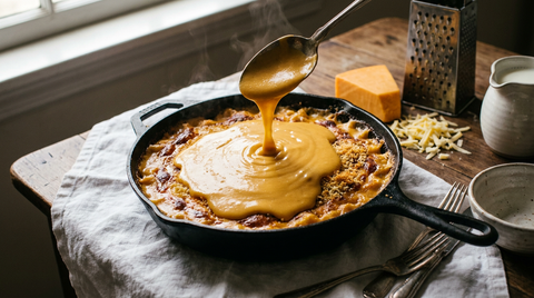 Mac and cheese américain en poêle en fonte, sauce orangée parfaitement lisse et brillante coulant de la cuillère, cheddar et râpe