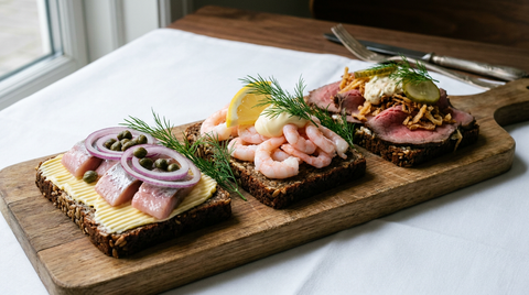 Trois smørrebrød danois sur une planche, pain de seigle beurré bord à bord, hareng mariné, crevettes et rosbif