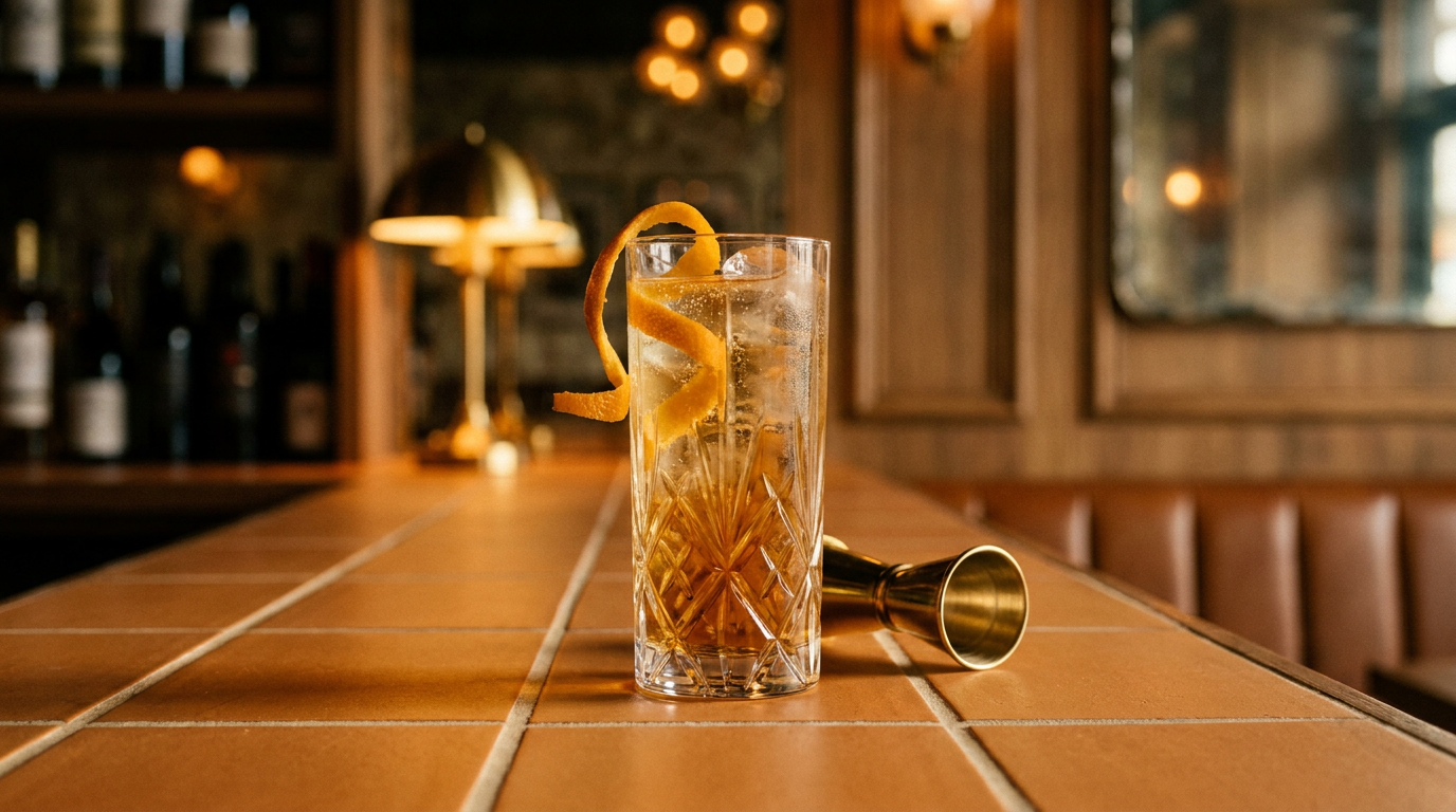 Rivesaltes tonic en verre haut de cristal, glace claire et long zeste d'orange, sur un comptoir en tomettes
