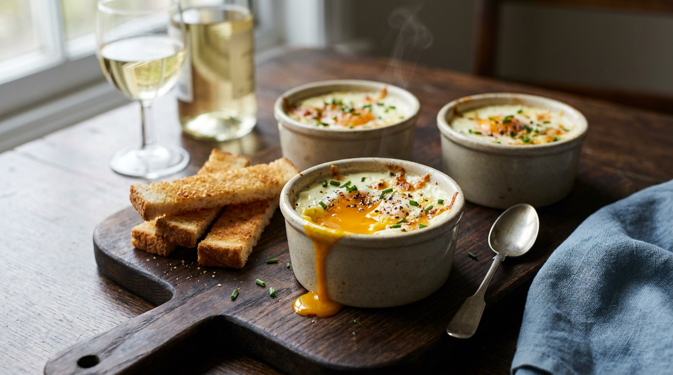 Œufs cocotte en ramequins, blanc pris et jaune coulant doré, crème et ciboulette, avec des mouillettes grillées