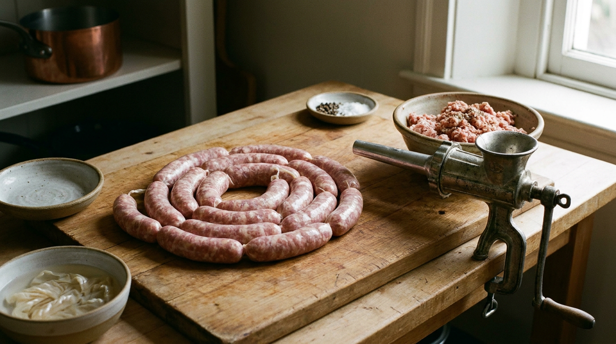 Saucisses maison fraîches embossées en boyau naturel, hachoir manuel et bol de farce