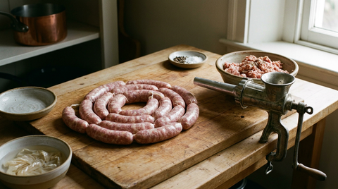 Saucisses maison fraîches embossées en boyau naturel, hachoir manuel et bol de farce