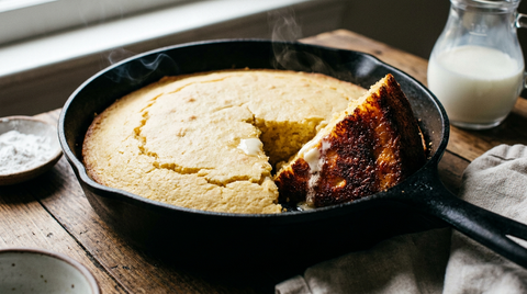Cornbread américain dans une poêle en fonte noire, mie jaune et croûte du dessous brun foncé sur la part soulevée, pichet de babeurre et torchon de lin
