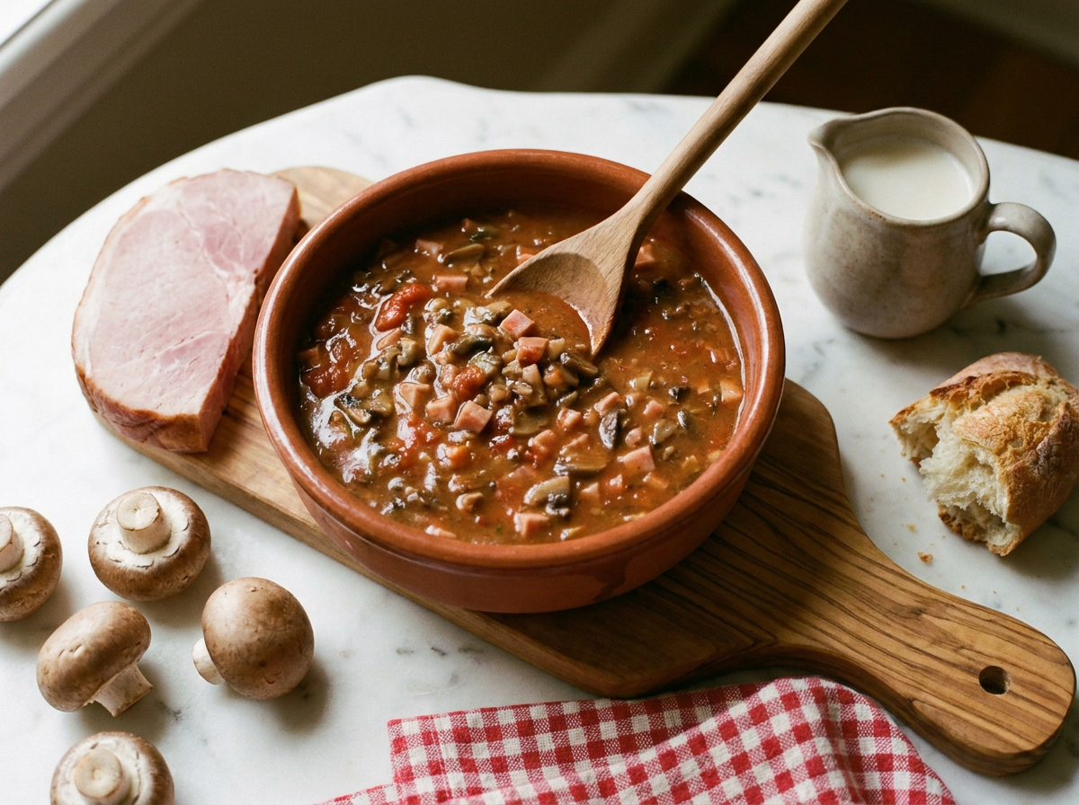 Sauce italienne aux champignons et dés de jambon dans un plat en terre cuite, tranche de jambon et champignons de Paris sur un marbre