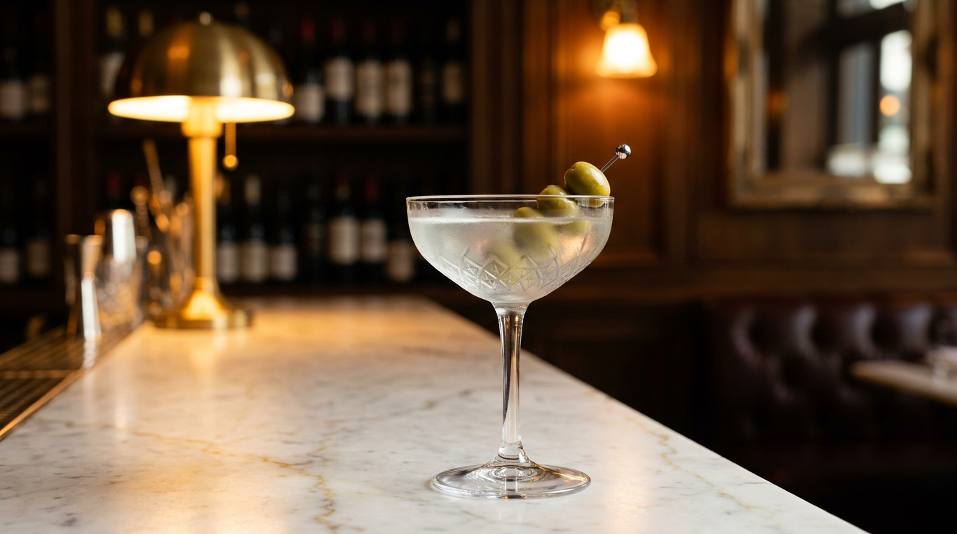 Dirty Martini légèrement trouble en coupe de cristal, trois olives vertes sur pique d'argent, comptoir de marbre blanc