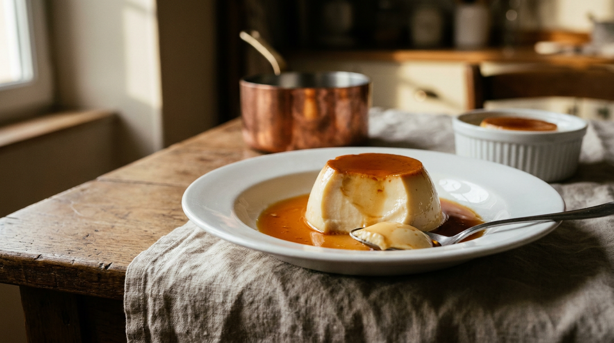 Crème caramel démoulée sur assiette creuse, caramel ambré coulant autour, table de bois et lin écru