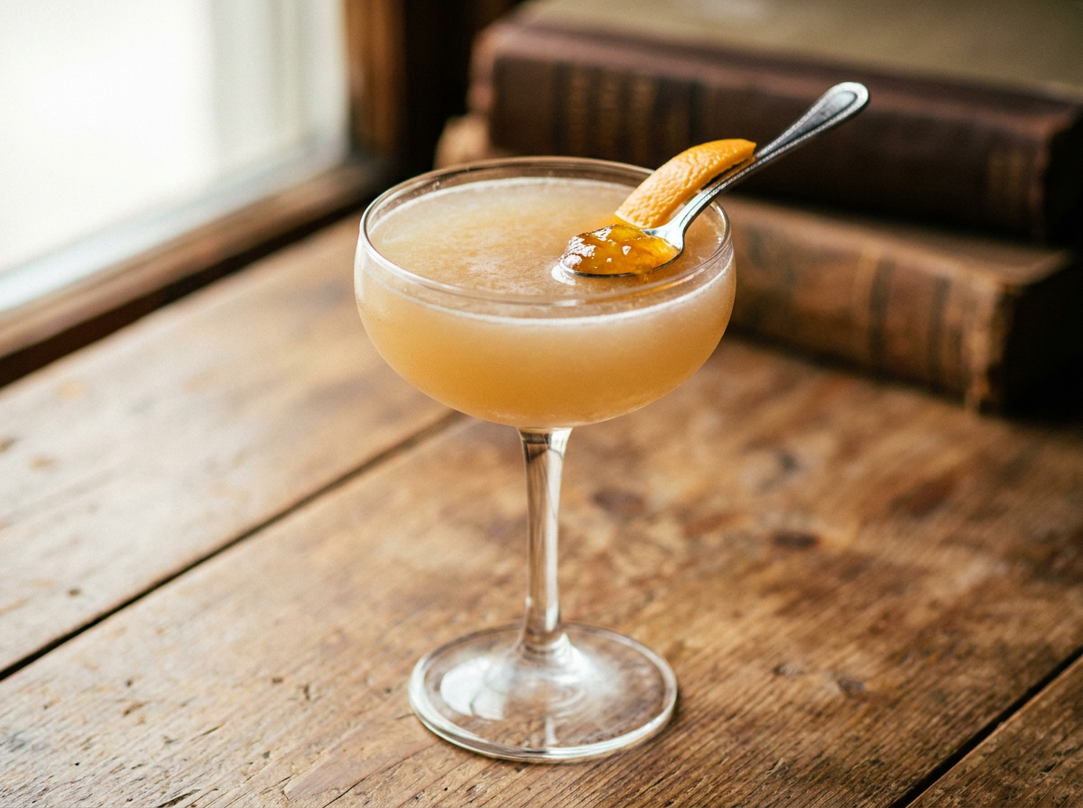 Breakfast Martini, cocktail au gin et marmelade d'orange servi en verre à cocktail avec un zeste d'orange