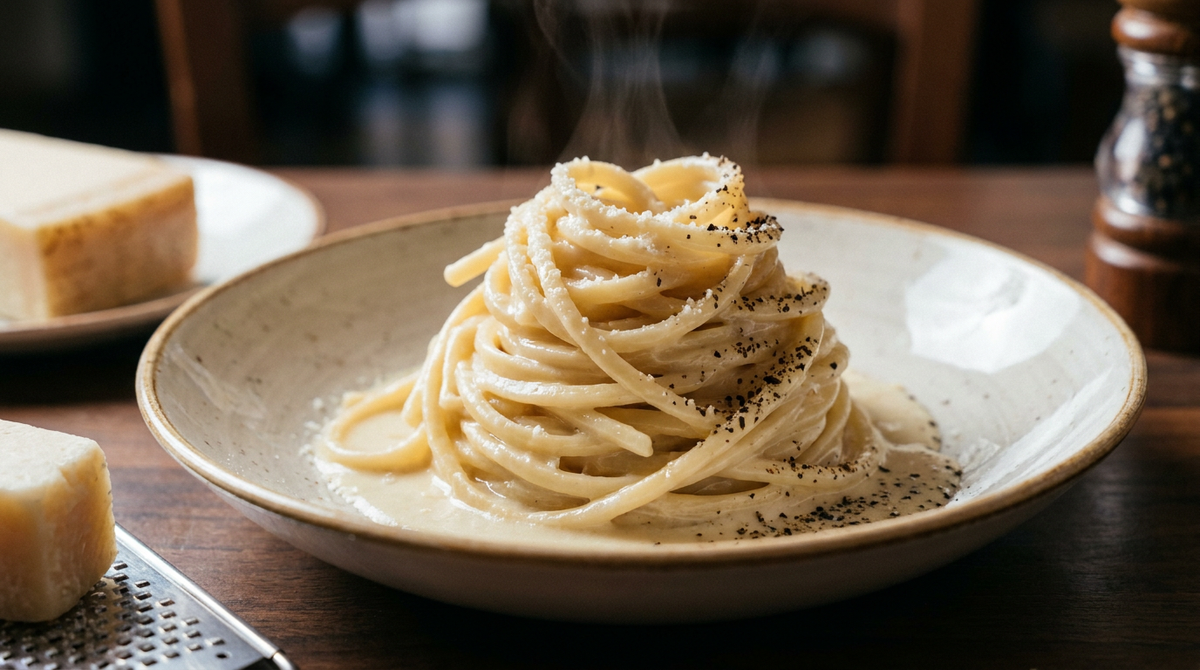 Cacio e pepe, nid de pâtes nappé d'une crème ivoire au pecorino, poivre concassé, pas de crème ajoutée