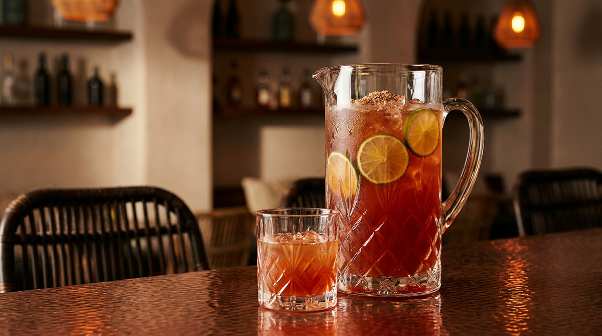 Grand pichet en cristal de Trinidad rum punch rouge-ambré, muscade râpée et rondelles de citron vert, sur un comptoir de cuivre martelé