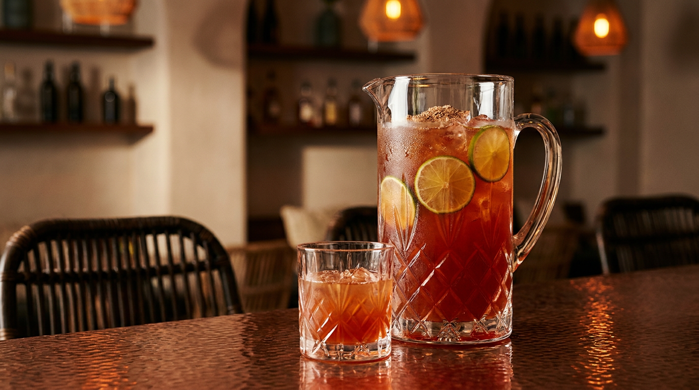 Grand pichet en cristal de Trinidad rum punch rouge-ambré, muscade râpée et rondelles de citron vert, sur un comptoir de cuivre martelé
