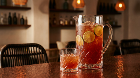 Grand pichet en cristal de Trinidad rum punch rouge-ambré, muscade râpée et rondelles de citron vert, sur un comptoir de cuivre martelé