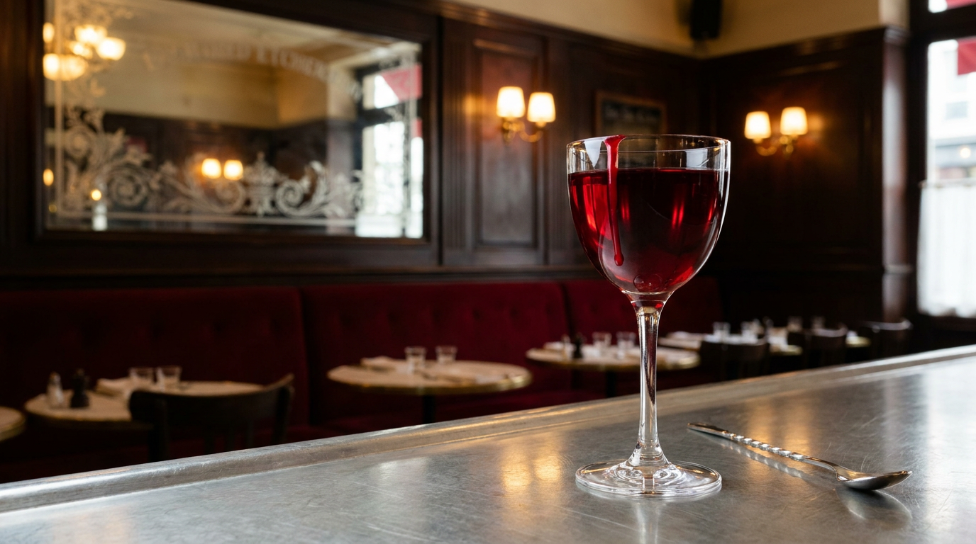 Sang de vampire, cocktail rouge d'Halloween dans un verre à pied en cristal sur le zinc d'un bistrot : robe rouge sombre et opaque et coulée de sirop sur la paroi