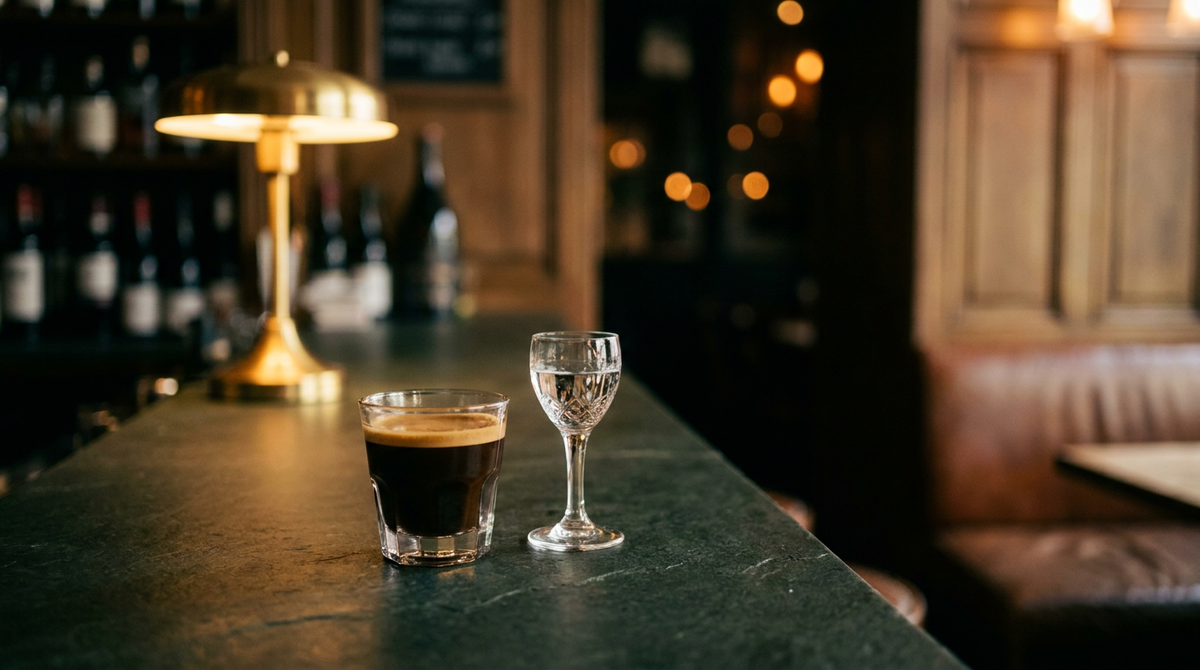 Caffè corretto : espresso serré à la crème noisette dans un verre, petit verre d'eau-de-vie claire à côté, comptoir d'ardoise verte